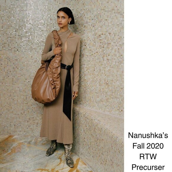 NANUSHKA Anaira Beige 97% Melange Wool Cut Out Fishtail Knit Sweater Dress Sz L - Picture 2 of 9